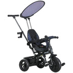 Dark blue kids 6-in-1 tricycle with 5-point harness and wide canopy