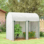 White walk-in greenhouse with curved cover and green frame, mesh doors at front