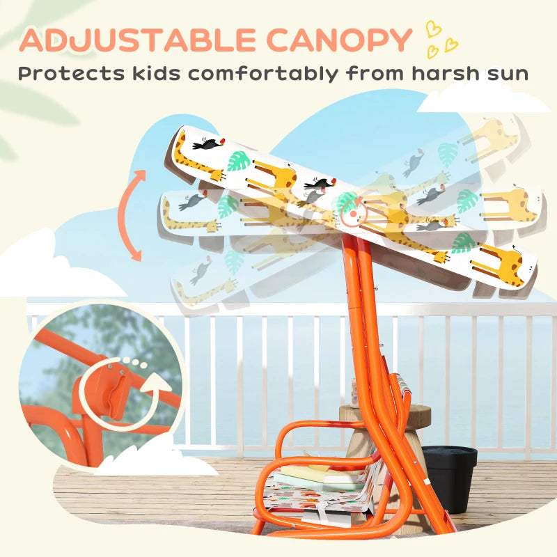 Kids porch swing bench with adjustable canopy over animal-pattern seat, orange frame