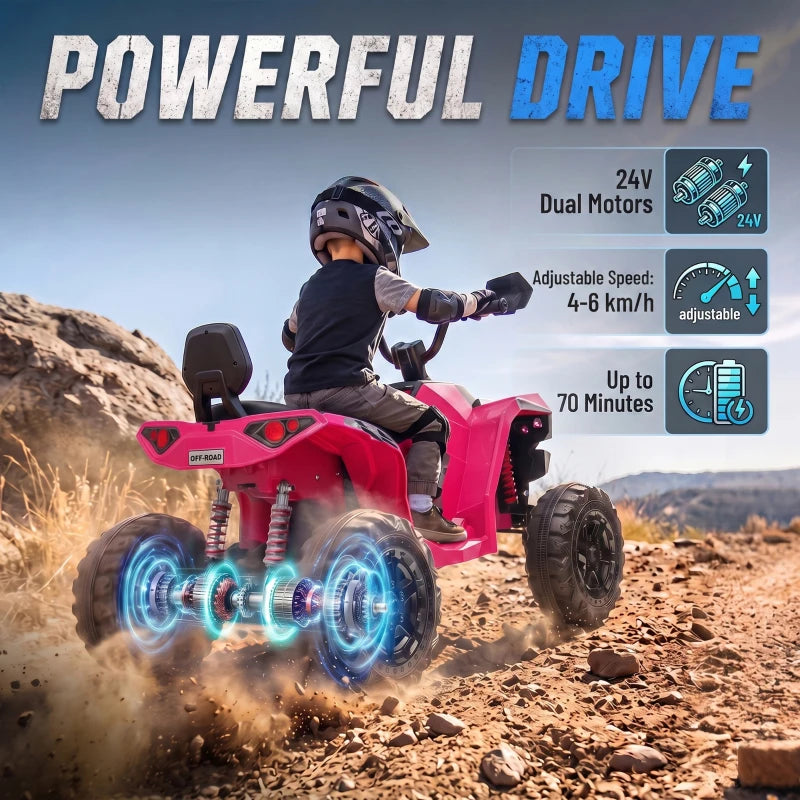Pink electric kids quad bike with dual motors styling, glowing wheel effects and seat