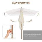 Cream white wooden garden parasol with canopy open and hanging closure cord