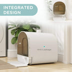 White hooded cat litter box with anti-leak enclosed design and raised base