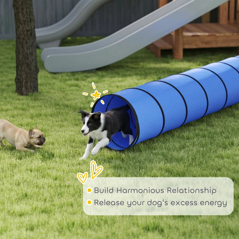 Blue dog agility tunnel on grass with ribbed fabric rings and open end