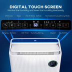 White dehumidifier with digital touch control panel and front LED humidity display