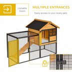 Guinea pig hutch with open access doors, wooden shelter, and wire run