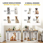 White dog crate cabinet with two compartments, wood top, and front metal bar doors