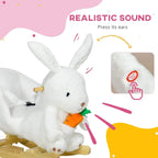 White rabbit-shaped rocking horse with plush rabbit and wooden rocking base