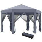 Grey hexagonal pop-up gazebo tent with mesh curtains and carry bag, outdoor sun shelter
