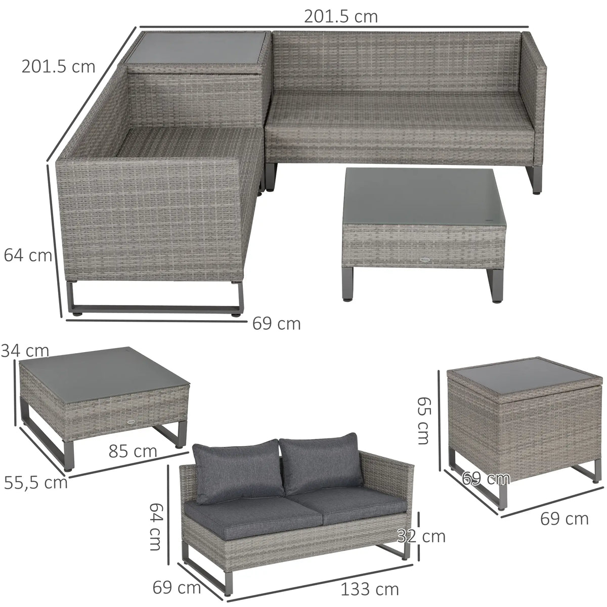 Grey rattan garden set with furniture dimensions for sofas and tables