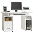 White computer desk with keyboard tray, drawers, and CPU shelf for PC workstation