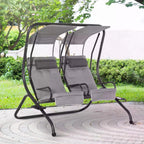 Grey two-seat canopy swing chair on metal stand with armrests and cushioned seats
