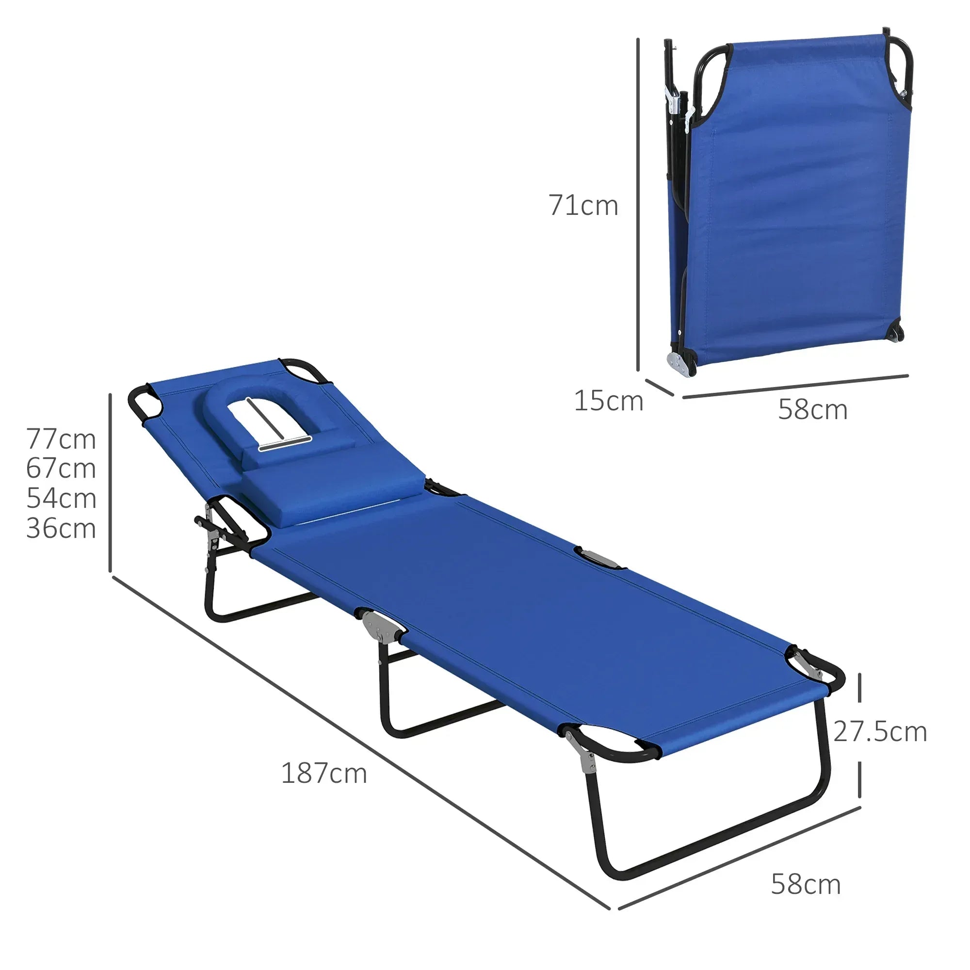 Folding Sun Loungers Set of 2 with Face Hole, 4-Position Adjustable Backrest Garden Recliner Chairs Sunbeds, Outdoor Lounge Chairs with 600 D Oxford Cloth Seat, Pillow for Beach, Blue - Bobobiy