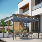 Grey retractable canopy over patio with scalloped fabric and four metal support posts