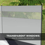 Close-up of grey windbreak screen with transparent window panel and dark base