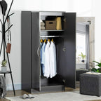 Grey high-gloss wardrobe with doors open, showing hanging clothes and folded items on shelf