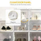 Clear front panel shoe storage box with magnetic door closure and visible contents.