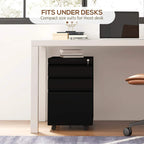 Black 3-drawer filing cabinet fitting under desks, with lock and rolling casters