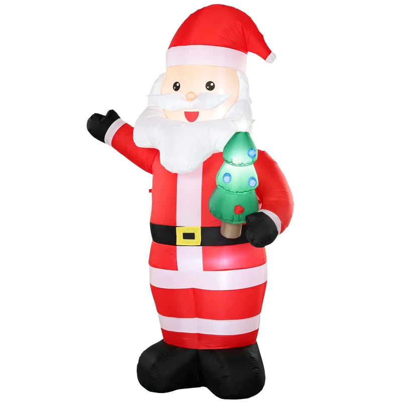 Inflatable Santa decoration in red and white holding a glowing green Christmas tree