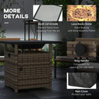Brown woven fire pit table shown with mesh lid, ring handle, and rain cover