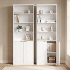 Two white bookcases with open shelves and lower ribbed double-door cabinet