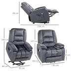 Grey recliner armchair shown with side, front, and angled views