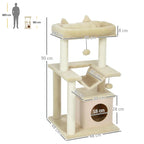 Beige cat tower with top perch, hammock, condo, and two hanging balls