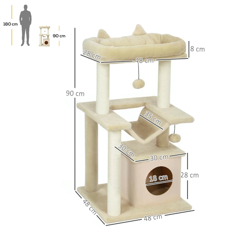 Beige cat tower with top perch, hammock, condo, and two hanging balls