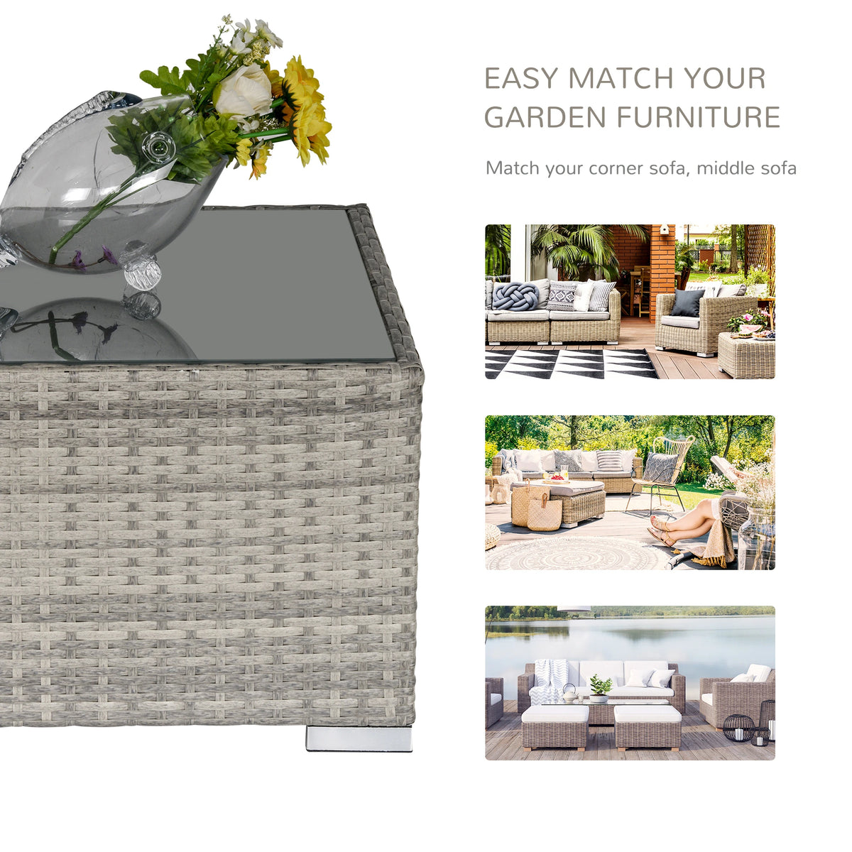 Square gray wicker coffee table with glass top shown with garden furniture