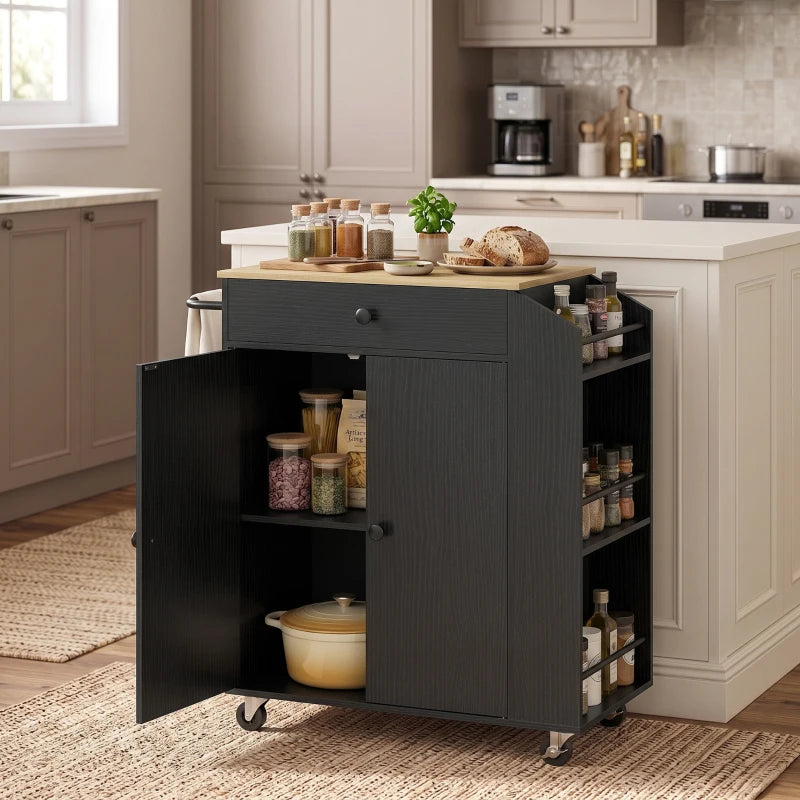 Black rolling kitchen island cart with open cabinet storage and drawer on wheels
