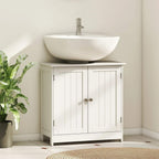 White vanity base with two cabinet doors and open interior space under a wall sink