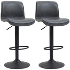 Set of 2 dark grey bar stools with backrest, round footrest, and black pedestal base