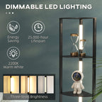 Dimmable warm white LED floor lamp with tall black frame and three glowing shelves