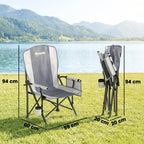 Light grey padded camping chair with cup holder and side pocket, folded for storage