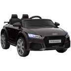 Kids black Audi TT RS ride-on car, front grille and glowing LED headlights