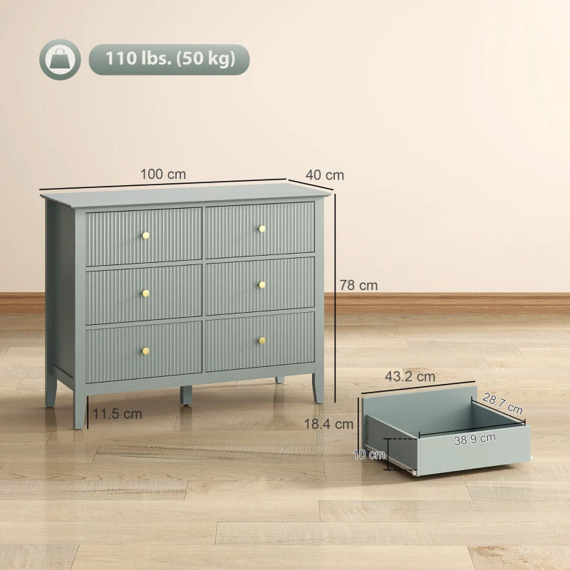 Green six-drawer dresser with fluted front panels and gold round knobs; side view
