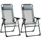 Pair of grey portable folding recliner chairs with padded headrest and black legs
