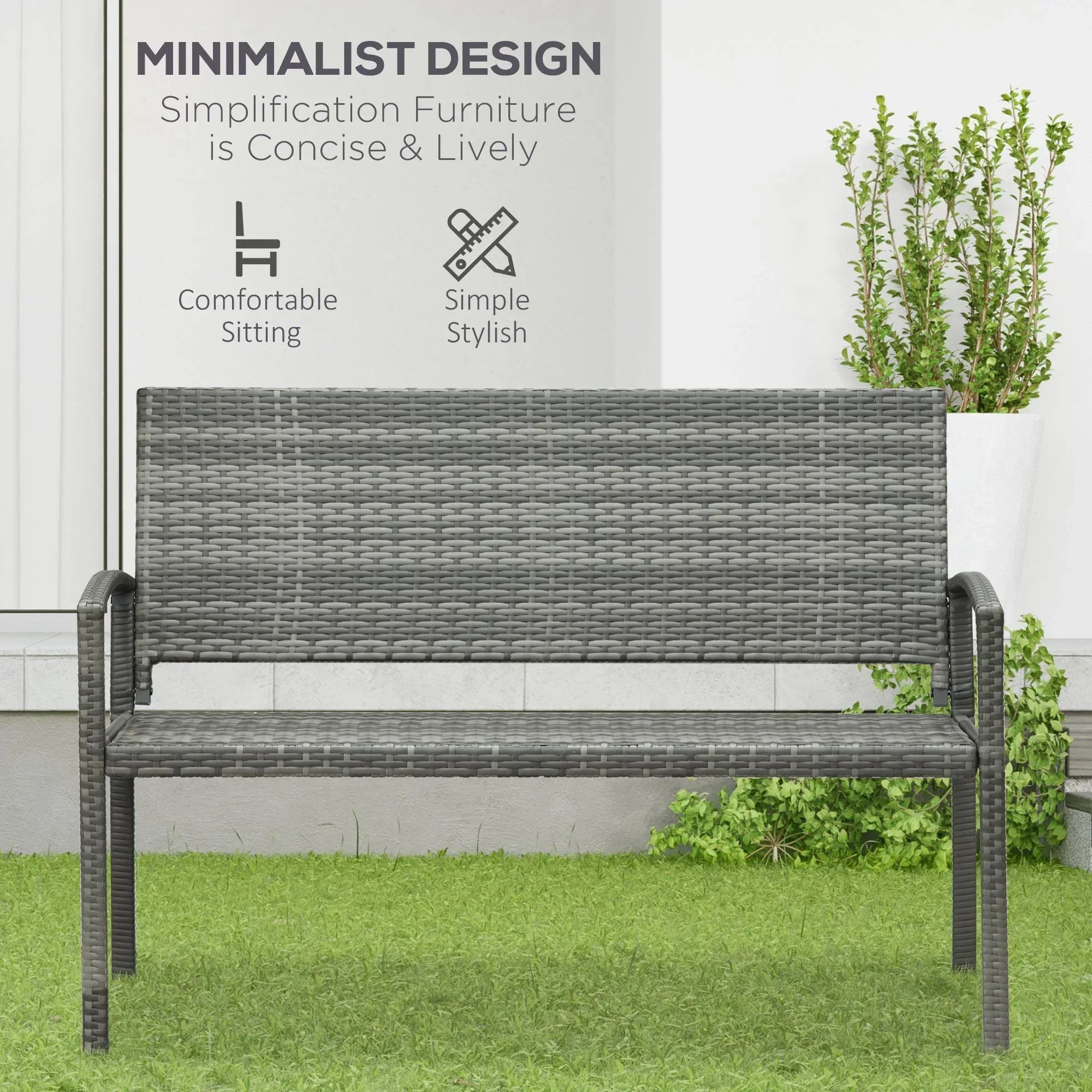 2 Seater Poly Rattan Garden Bench, All Weather Wicker Garden Loveseat, Outdoor Seating Bench with 240 Load Capacity, Backrest and Armrests for Patio, Terrace, Balcony, Grey - Bobobiy