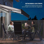 Retractable awning with detachable LED strips glowing over outdoor seating at night