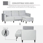 Light grey convertible sofa bed with tufted back and ottoman, hidden-leg inset