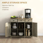 Grey sideboard with rubber-wood top, open interior with shelves and storage compartments.