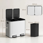 Dual-compartment stainless steel pedal bin with open lids and front foot pedals