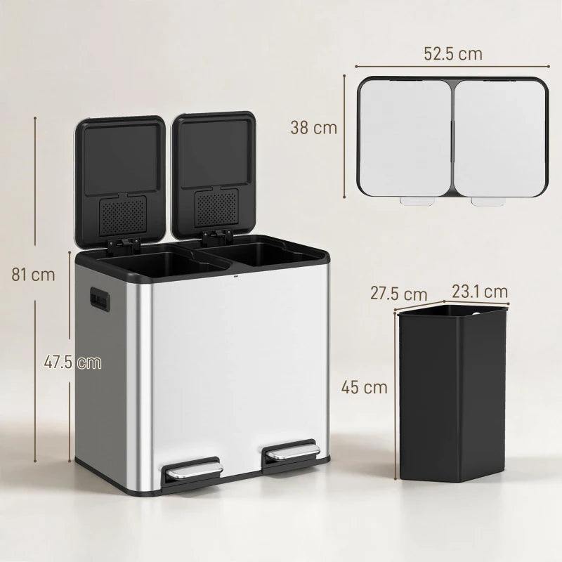 Dual-compartment stainless steel pedal bin with open lids and front foot pedals