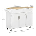 White kitchen island utility cart with drawers and cabinets, side view with wheels