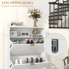 White shoe cabinet showing anti-tipping bracket and open shelves with shoes