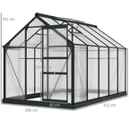 Large grey walk-in greenhouse with clear twin-wall polycarbonate walls and front sliding door