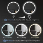 Round LED bathroom mirror showing adjustable color temperature light glow