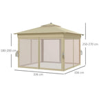 Khaki pop-up gazebo tent with mesh side walls and corner posts, side view