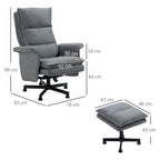 Grey recliner chair and footstool with visible height and width dimensions