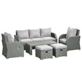 Six-piece Outdoor Rattan Dining Set, Outdoor Sofa Set with Reclining Armchairs and Mental Frame, Grey - Bobobiy
