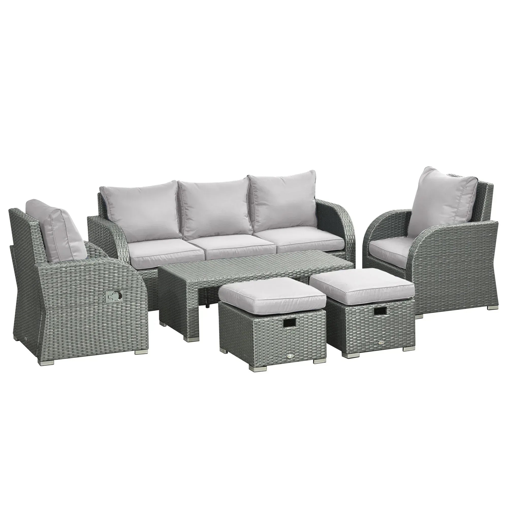 Six-piece Outdoor Rattan Dining Set, Outdoor Sofa Set with Reclining Armchairs and Mental Frame, Grey - Bobobiy